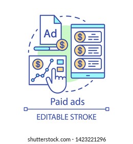 Paid ads concept icon. Online marketing analytics idea thin line illustration. PPC channel. Pay per click advertising campaign. Ad networks. Vector isolated outline drawing. Editable stroke