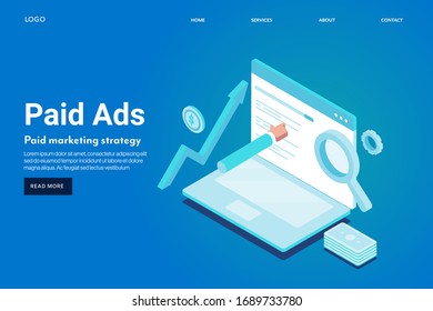 Paid Ads, Paid marketing, Pay per click concept, Search marketing - Conceptual isometric vector landing page template