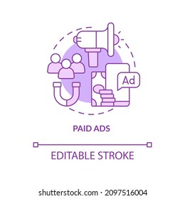 Paid ads purple concept icon. Business service. Digital marketing abstract idea thin line illustration. Isolated outline drawing. Editable stroke. Roboto-Medium, Myriad Pro-Bold fonts used