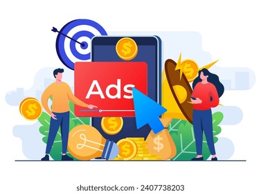 Paid advertising campaign display ads on website generating revenue for publisher, Pay per click concept, PPC, Advertising or advertisement, Promoting brands to audience, Internet marketing concept