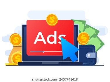 Paid advertising campaign display ads on website generating revenue for publisher, Pay per click concept, PPC, Advertising or advertisement, Promoting brands to audience, Internet marketing concept