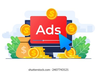 Paid advertising campaign display ads on website generating revenue for publisher, Pay per click concept, PPC, Advertising or advertisement, Promoting brands to audience, Internet marketing concept