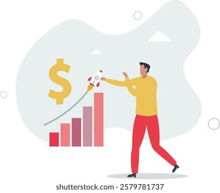 Paid advertising and marketing boost for sales growth .Brand recognition campaign with purchased ads, commercials and banners for company profit development.flat characters.