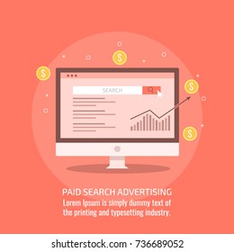 Paid advertising, search engine marketing, SEM, flat vector concept