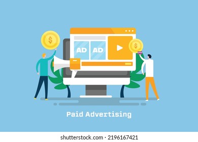 Paid advertising service to reach more customers on internet, Businessmen spending money on paid ads - flat design vector illustration with icons