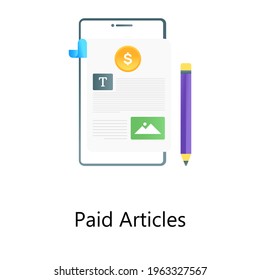 Paid article concept, blogging inside mobile with coin
