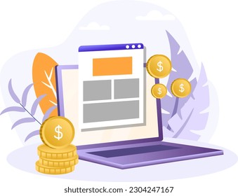 Paid articles illustration. Laptop, coin, page, screen. Editable vector graphic design.