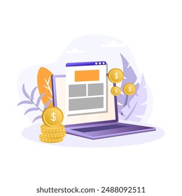 Paid articles illustration. Laptop, coin, page, screen. Editable vector graphic design.