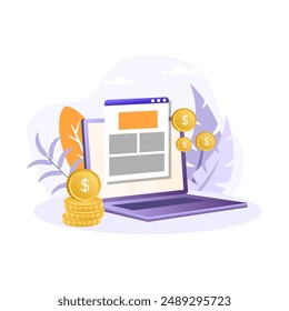 Paid articles illustration. Laptop, coin, page, screen. Editable vector graphic design.