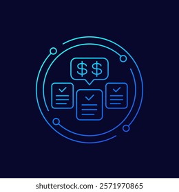 paid bills icon, invoices and checks, linear design