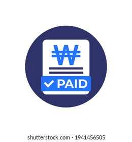 paid bills icon with won, flat vector