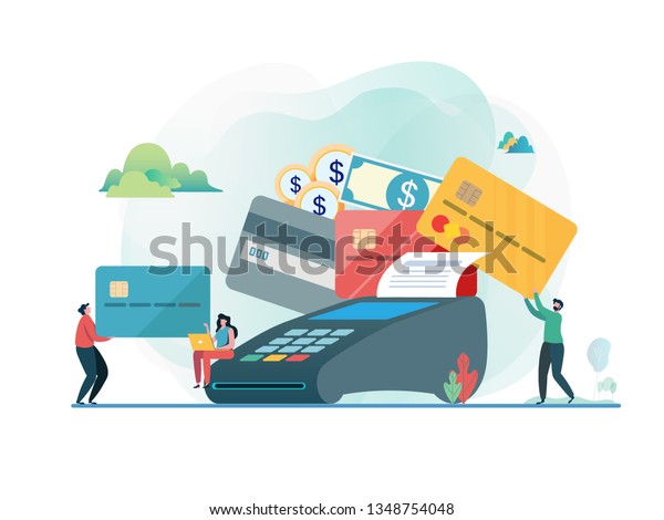 Paid by credit\
card. Shopping on line. People and credit card machine.  Flat\
vector illustration modern character design. For a landing page,\
banner, flyer, poster, web\
page.