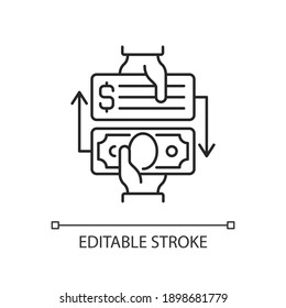 Paid check cashing linear icon. Cashing checks without bank account. Obtaining money instantly. Thin line customizable illustration. Contour symbol. Vector isolated outline drawing. Editable stroke