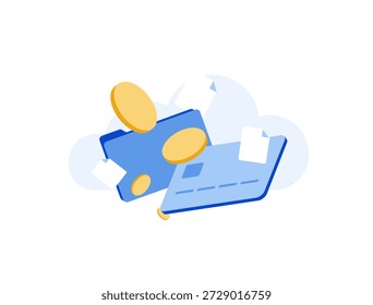 Atualização de armazenamento em nuvem paga. Transfere arquivos locais para nuvem segura com pagamento de cartão de crédito, assinatura de usuário migração de dados backup on-line conceito de financiamento de armazenamento ilustração vetorial isométrica moderna