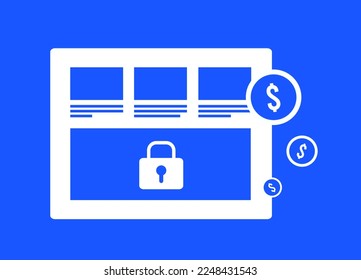 Paid Content concept. Pay after reading - content available only after payment, member subscriptions service. Paywall website icon with paid content section and coins to pay for access.