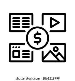 Paid contents icon. Photo, text, website and video content with money. Line vector. Isolate on white background.