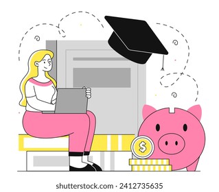 Paid education linear. Woman with laptop sitting at books near golden coins and piggy bank. Financial literacy and budgeting. Learning and training on internet. Doodle flat vector illustration