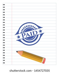 Paid emblem drawn with pen. Blue ink. Vector Illustration. Detailed.