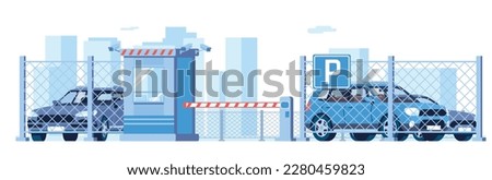 Paid guarded parking for cars with security booth and surveillance cameras. Pass entrance gate. Secure checkpoint. Automobile transportation. Commercial outdoor garage