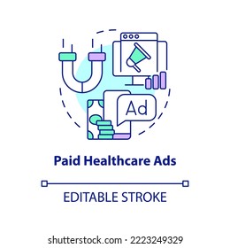 Paid healthcare ads concept icon. Hospital advertising. Medical marketing strategy abstract idea thin line illustration. Isolated outline drawing. Editable stroke. Arial, Myriad Pro-Bold fonts used