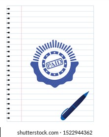 paid icon emblem with pen effect. Blue ink. Vector Illustration. Detailed.