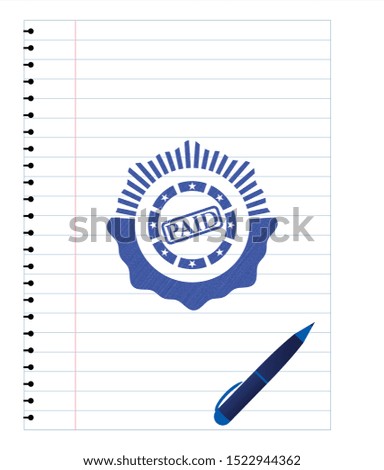 paid icon emblem with pen effect. Blue ink. Vector Illustration. Detailed.