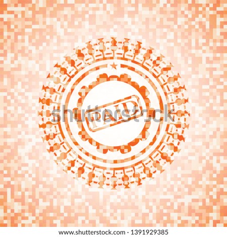 paid icon inside abstract emblem, orange mosaic background