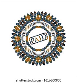 paid icon inside arabic badge background. Arabesque decoration.