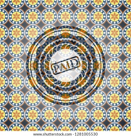 paid icon inside arabic badge. Arabesque decoration.