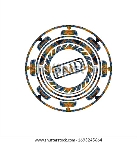 paid icon inside arabic badge. Arabesque decoration.