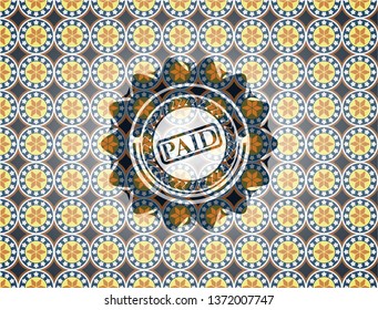 paid icon inside arabic style badge. Arabesque decoration.