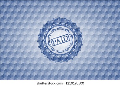 paid icon inside blue emblem or badge with abstract geometric polygonal pattern background.