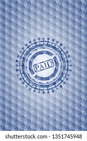 paid icon inside blue emblem with geometric pattern background.
