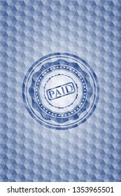 paid icon inside blue emblem or badge with abstract geometric polygonal pattern background.