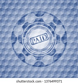 paid icon inside blue emblem or badge with geometric pattern background.