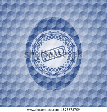 paid icon inside blue emblem with geometric pattern background. 