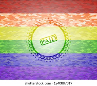 paid icon inside emblem on mosaic background with the colors of the LGBT flag