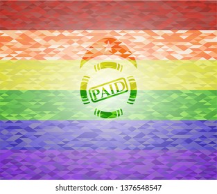 paid icon inside emblem on mosaic background with the colors of the LGBT flag