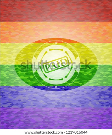 paid icon inside emblem on mosaic background with the colors of the LGBT flag
