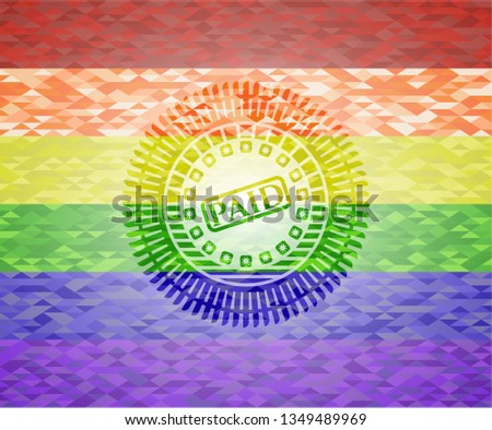 paid icon inside emblem on mosaic background with the colors of the LGBT flag