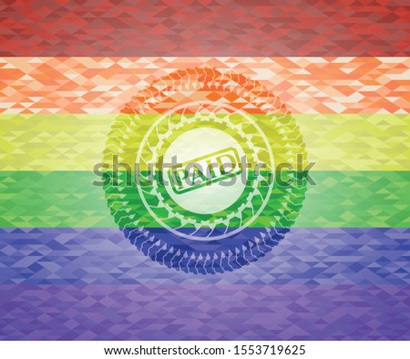 paid icon inside emblem on mosaic background with the colors of the LGBT flag