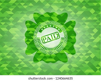 paid icon inside green emblem with mosaic background