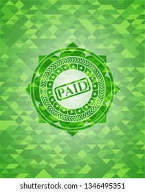 paid icon inside green emblem. Mosaic background