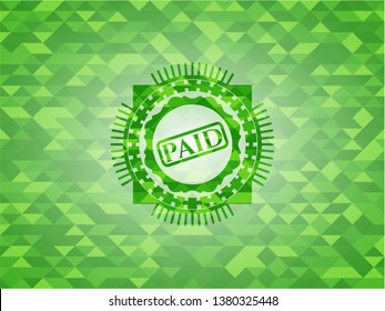 paid icon inside green emblem with mosaic background