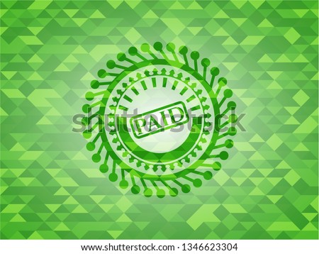 paid icon inside green emblem with mosaic ecological style background