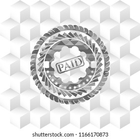 paid icon inside grey emblem. Vintage with geometric cube white background