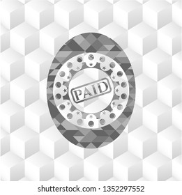 paid icon inside grey icon or emblem with geometric cube white background