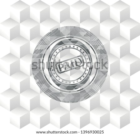 paid icon inside grey emblem with cube white background