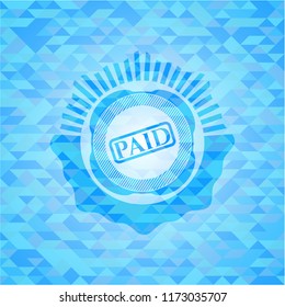paid icon inside light blue emblem with triangle mosaic background
