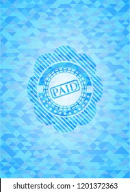 paid icon inside light blue emblem. Mosaic background